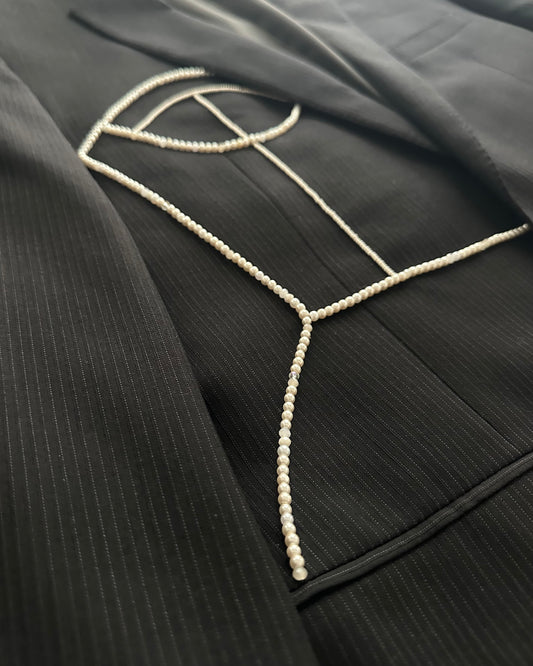 BLACK PINSTRIPE WOOL BLAZER WITH HAND-BEADED CORSET DESIGN