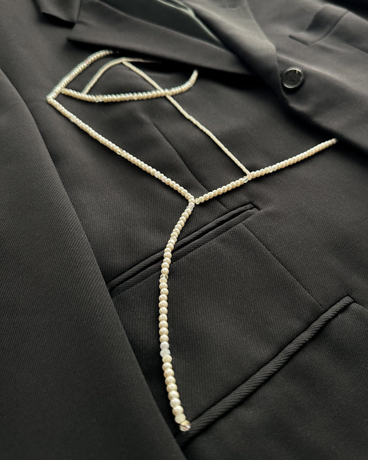 CORNELIANI BLACK MERINO WOOL BLAZER WITH HAND-BEADED CORSET DESIGN