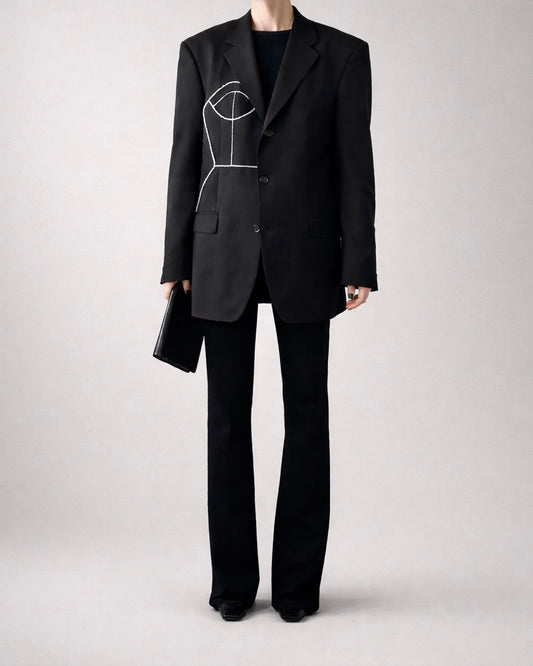 BLACK WOOL BLAZER WITH HAND-BEADED CORSET DESIGN