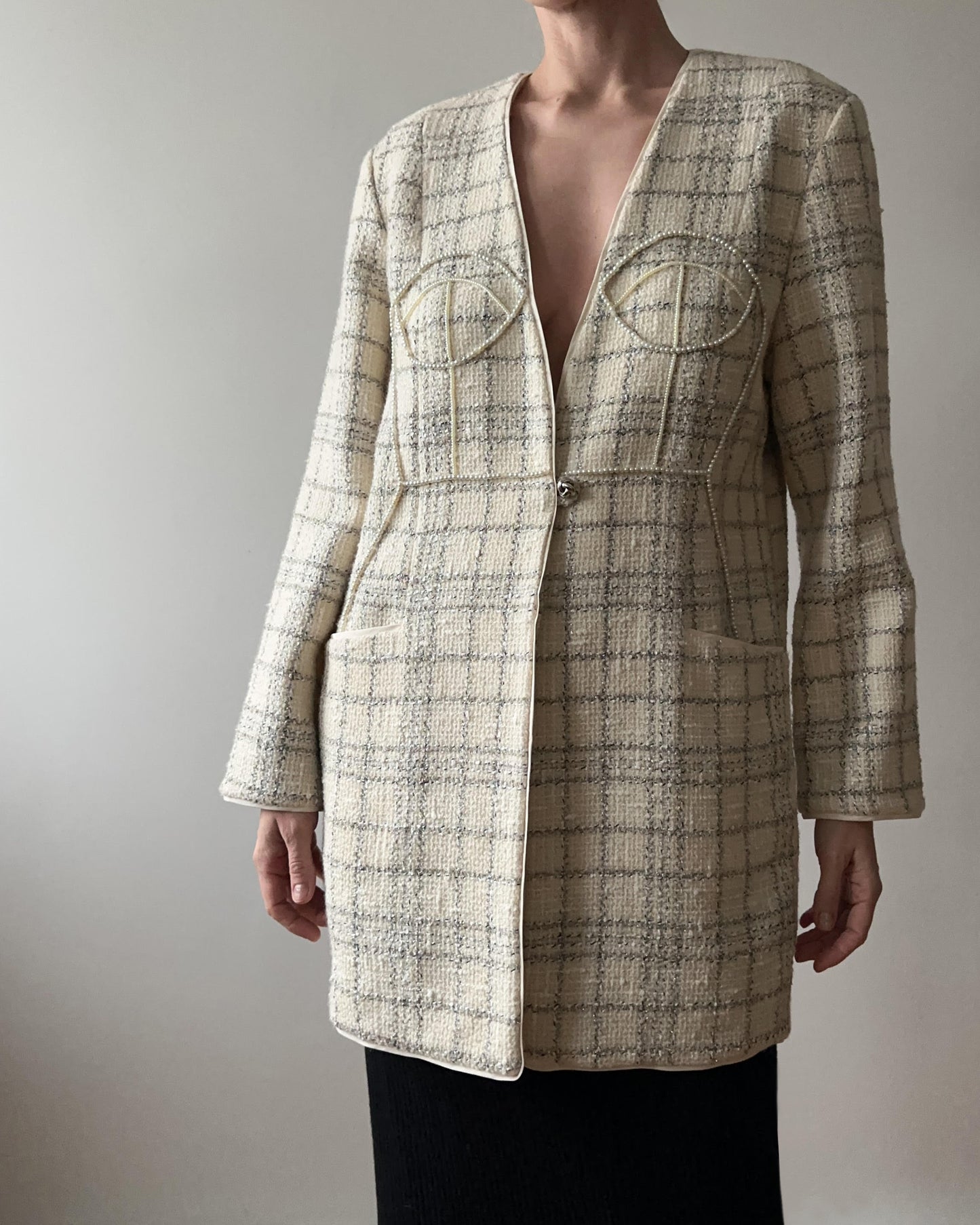 VINTAGE TWEED BLAZER WITH HAND-BEADED CORSET DESIGN