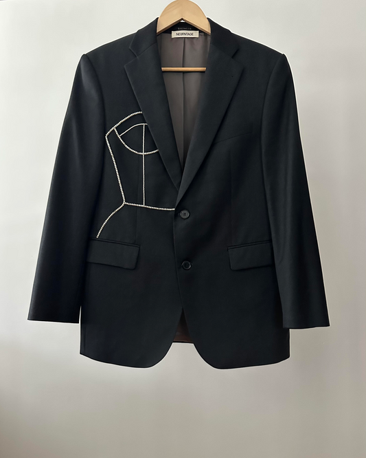 GRAY WOOL BLAZER WITH HAND-BEADED CORSET DESIGN