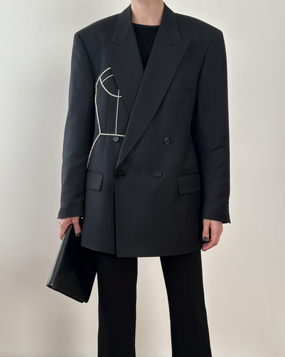 DOUBLE BREASTED WOOL BLAZER WITH HAND-BEADED CORSET DESIGN