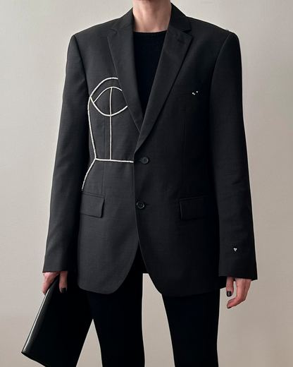 GRAY WOOL BLAZER WITH HAND-BEADED CORSET DESIGN