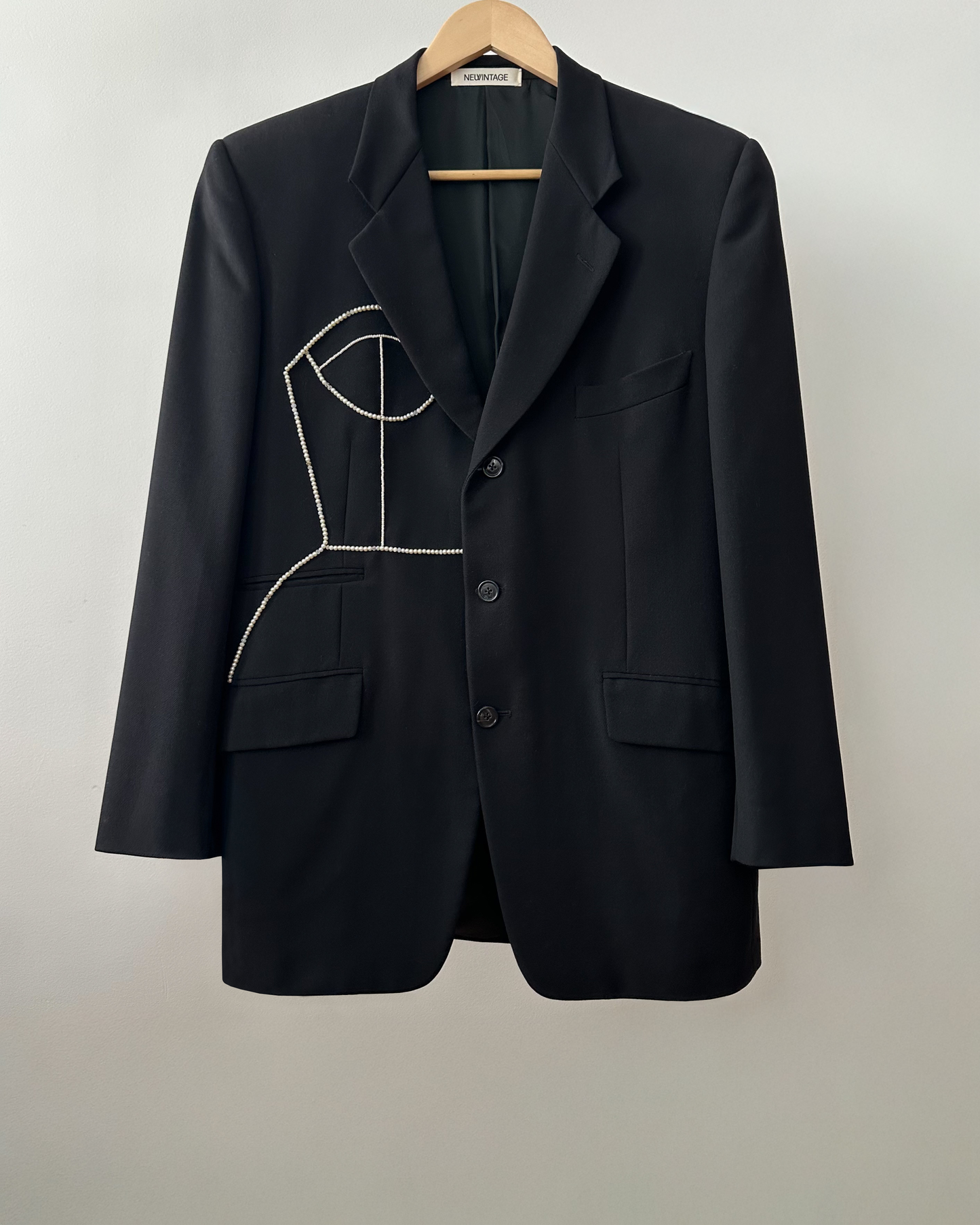 CORNELIANI BLACK MERINO WOOL BLAZER WITH HAND-BEADED CORSET DESIGN