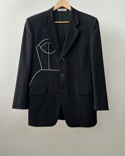 CORNELIANI BLACK MERINO WOOL BLAZER WITH HAND-BEADED CORSET DESIGN
