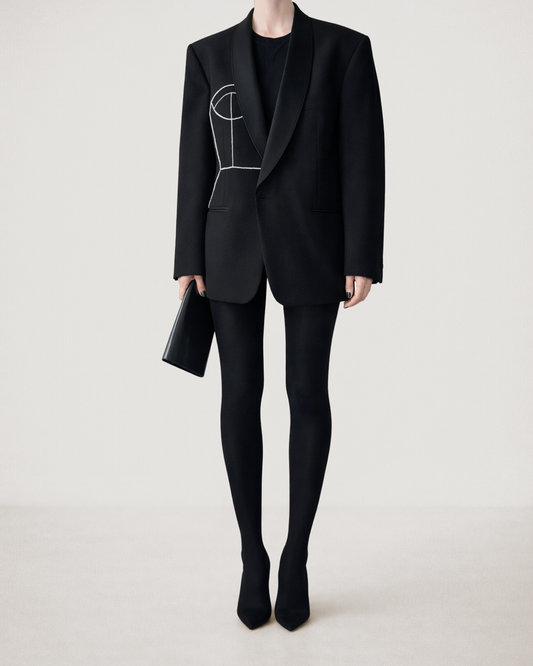 VINTAGE WOOL TUXEDO JACKET WITH HEAND-BEADED CORSET DESIGN