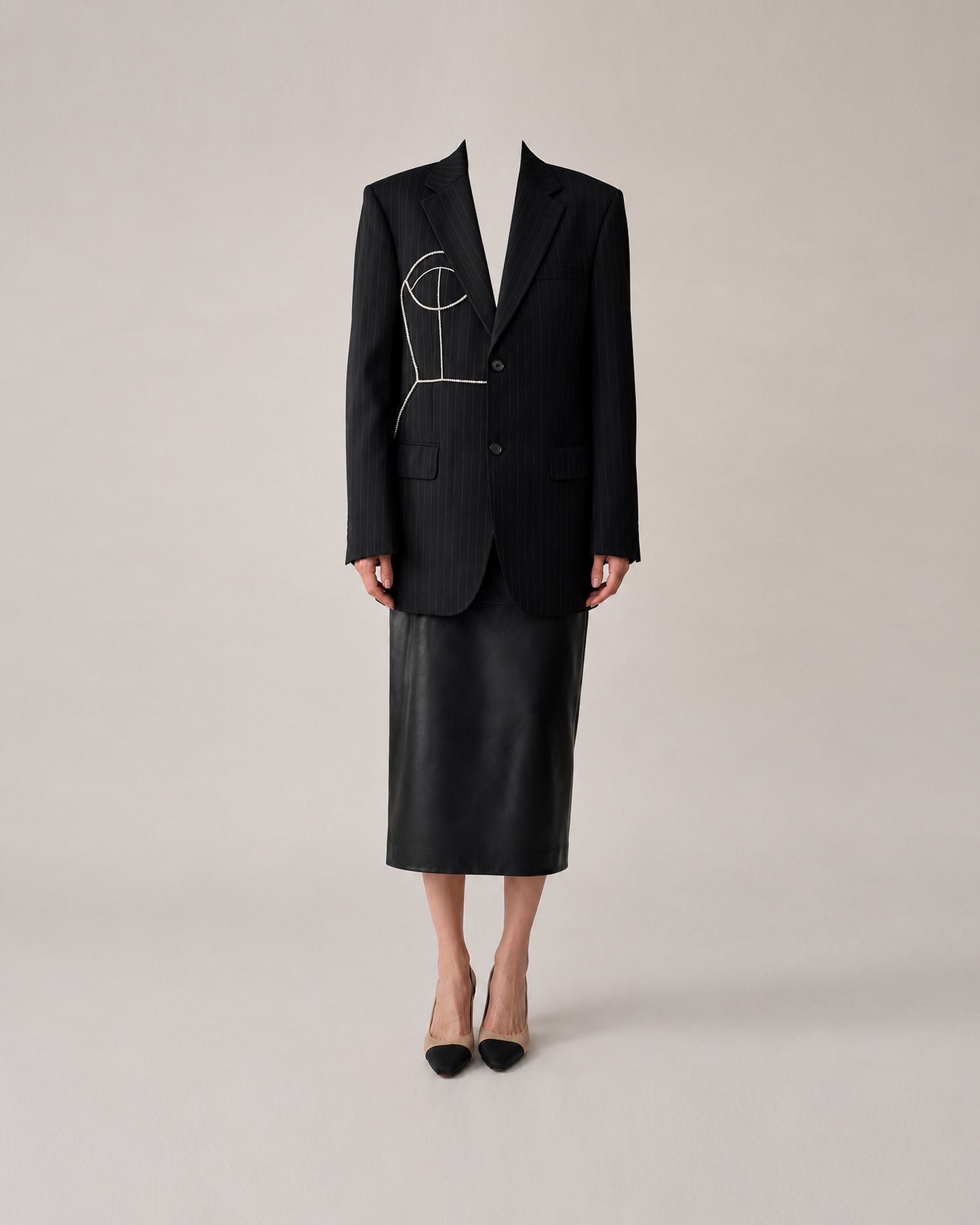 BLACK PINSTRIPE WOOL BLAZER (FITS S-M)
