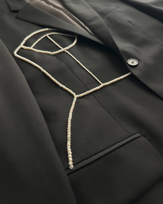 BLACK WOOL BLAZER WITH HAND-BEADED CORSET DESIGN