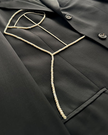 BLACK WOOL BLAZER WITH HAND-BEADED CORSET DESIGN