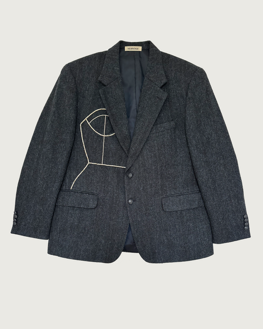 Vintage wool blazer with hand-beaded corset design