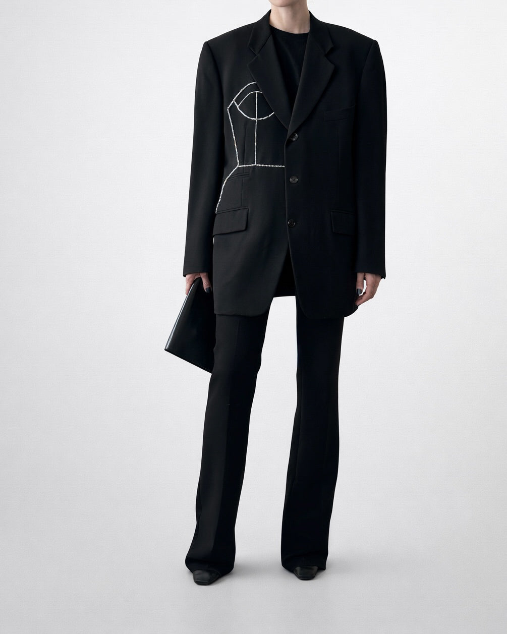 CORNELIANI BLACK MERINO WOOL BLAZER WITH HAND-BEADED CORSET DESIGN
