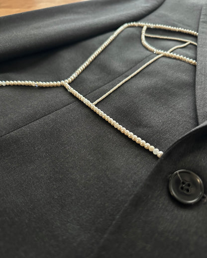 GRAY WOOL BLAZER WITH HAND-BEADED CORSET DESIGN