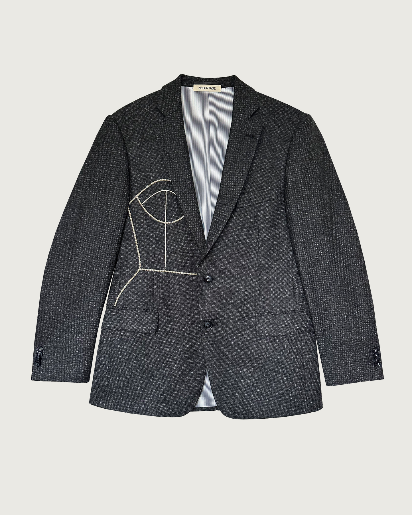 Gray 100% wool oversized blazer upcycled with hand-beaded corset design (Fits up to M)