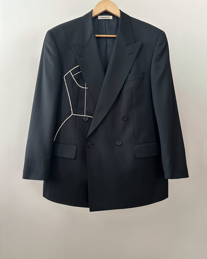 DOUBLE BREASTED WOOL BLAZER WITH HAND-BEADED CORSET DESIGN