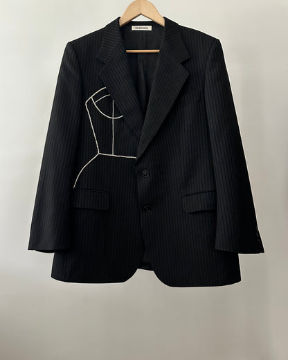 BLACK PINSTRIPE WOOL BLAZER WITH HAND-BEADED CORSET DESIGN