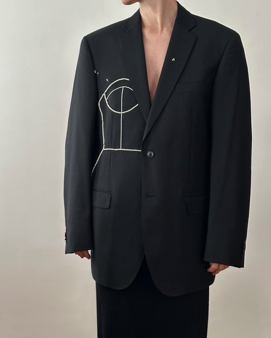 BLACK WOOL BLAZER WITH HAND-BEADED CORSET DESIGN
