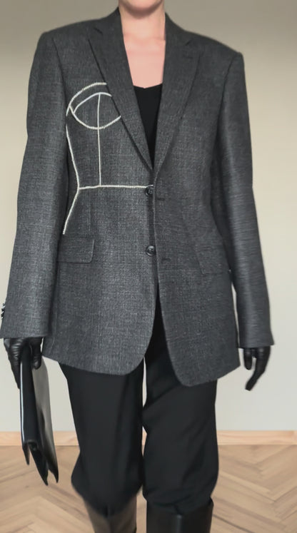 Gray 100% wool oversized blazer upcycled with hand-beaded corset design (Fits up to M)
