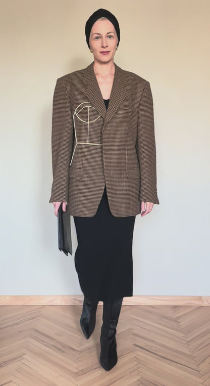 Vintage 100% wool oversized blazer upcycled with hand-beaded corset design (Fits up to L)