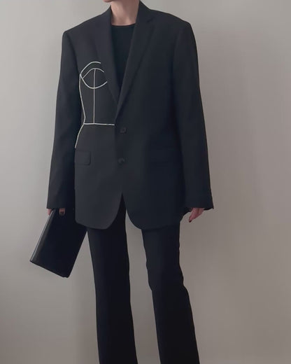 BLACK PINSTRIPE WOOL BLAZER WITH HAND-BEADED CORSET DESIGN