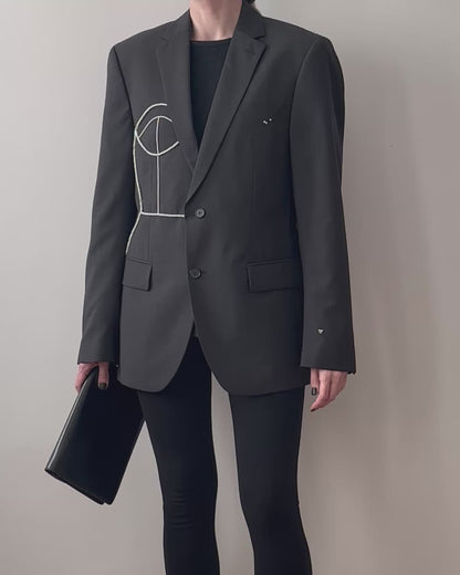 GRAY WOOL BLAZER WITH HAND-BEADED CORSET DESIGN