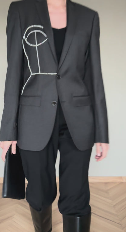 Gray 100% wool blazer upcycled with hand-beaded corset design (Fits up to S)