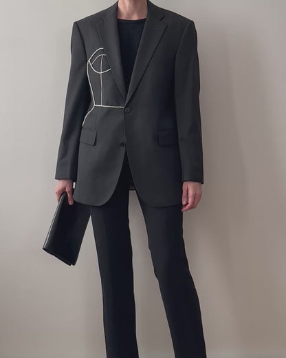 GRAY WOOL BLAZER WITH HAND-BEADED CORSET DESIGN