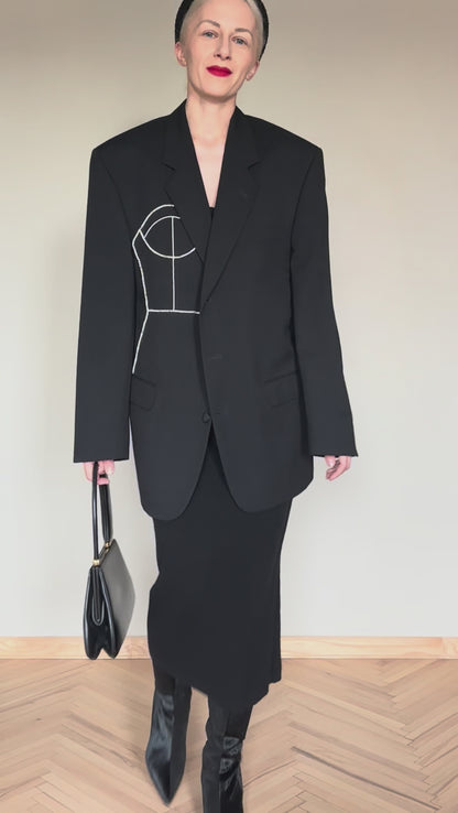 Black vintage 100% wool blazer upcycled with hand-beaded corset design (Fits up to L)