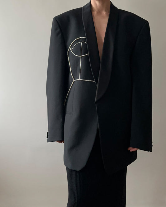 VINTAGE WOOL/TREVIRA TUXEDO WITH HEAND-BEADED CORSET DESIGN